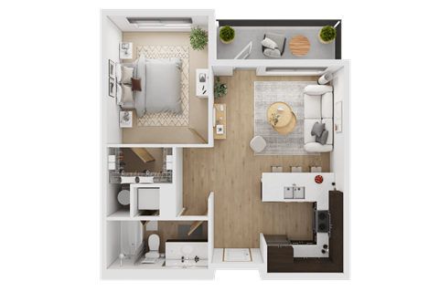 A top-down view of a small apartment with a kitchen, living room, and bedroom  at Spyglass Hill Apartments, Bremerton, 98337
